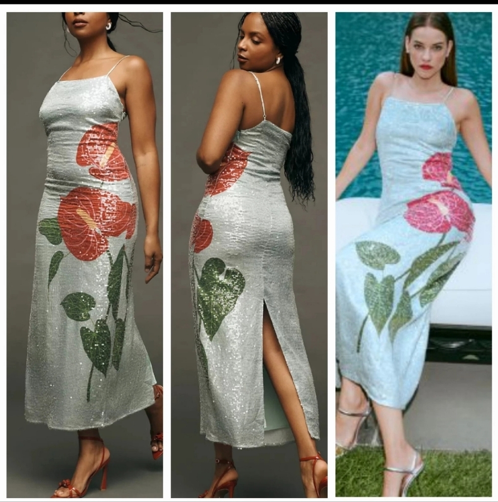 FARM Rio Silver Sequin Maxi Dress with Red Floral and Green Leaf Motif